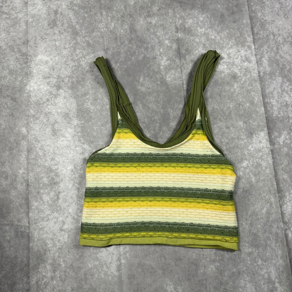 Free People Striped Ribbed Knit Cropped Tank Top Green Yellow Womens M/L Beach